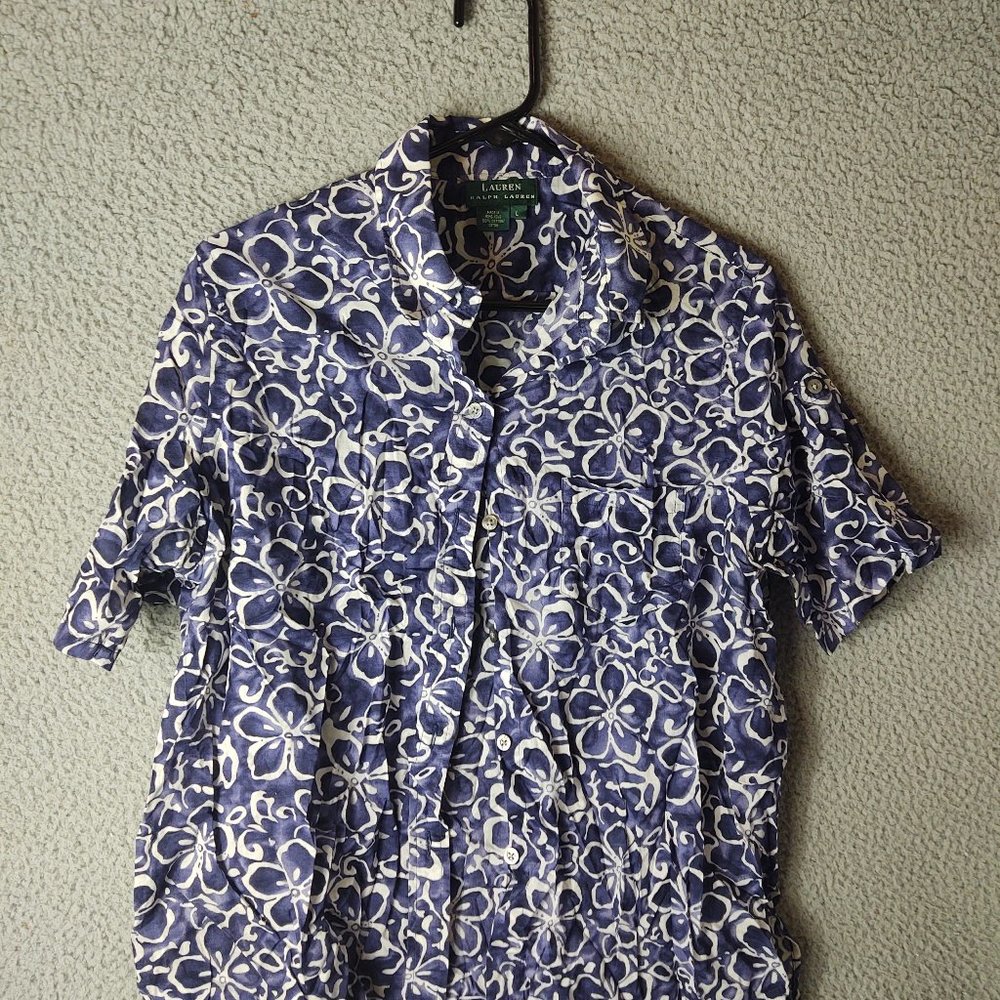 RALPH LAUREN WOMEN'S BUTTON SHIRT NAVY BLUE WHITE LARGE COTTON